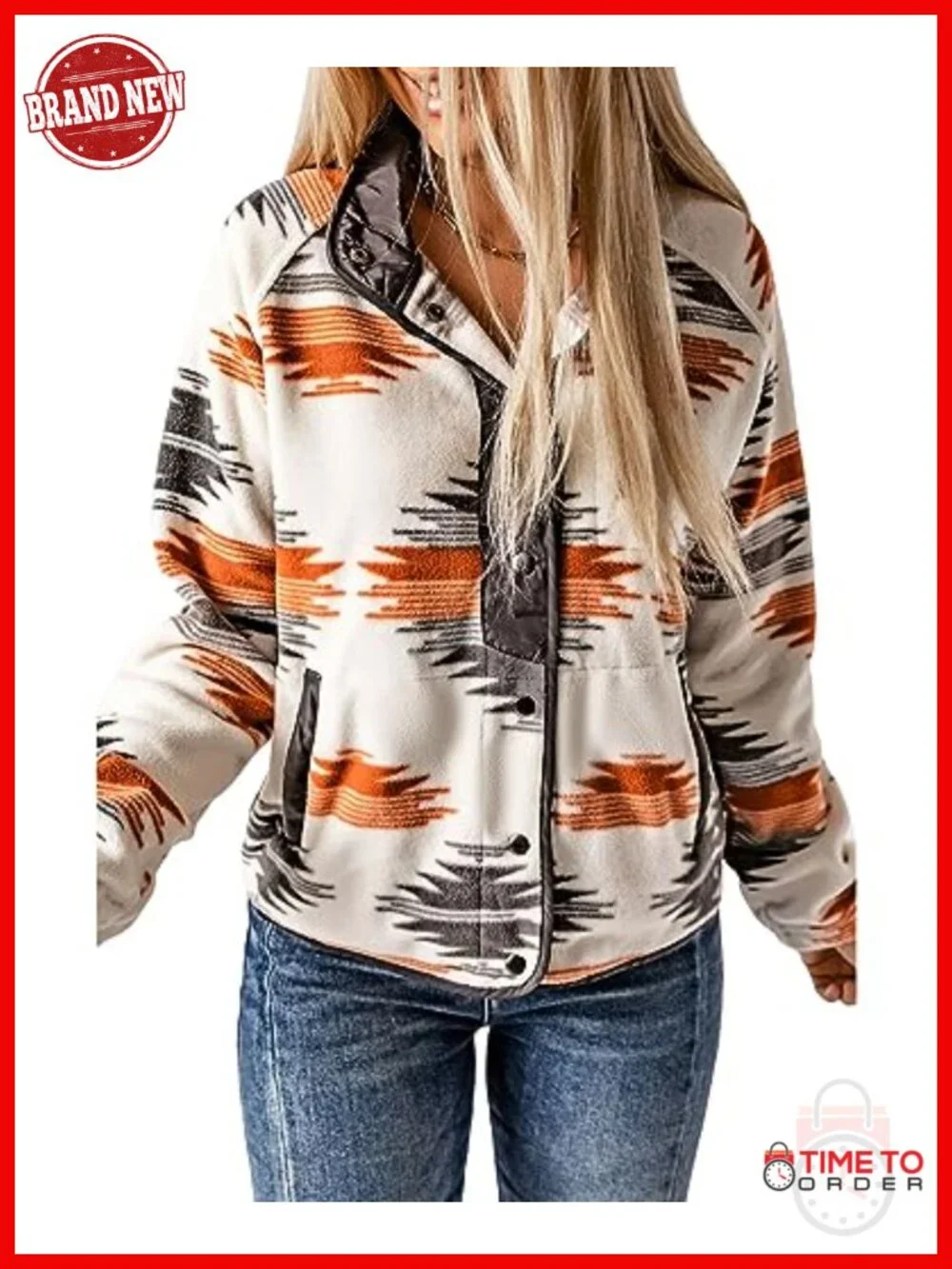Women's Western Aztec Print Fleece Shacket Snap Button Jacket with Pockets